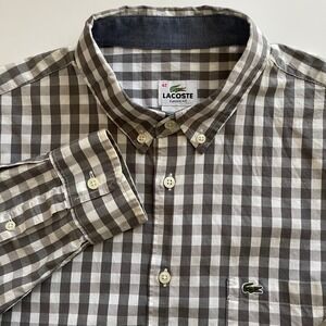 Lacoste Mens Classic Fit Gingham Button Down Shirt Grey White Size 42